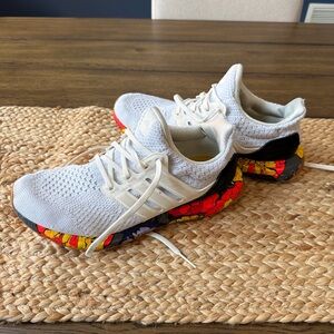 adidas White Knit Sneakers with Red & Yellow Graphic Sole